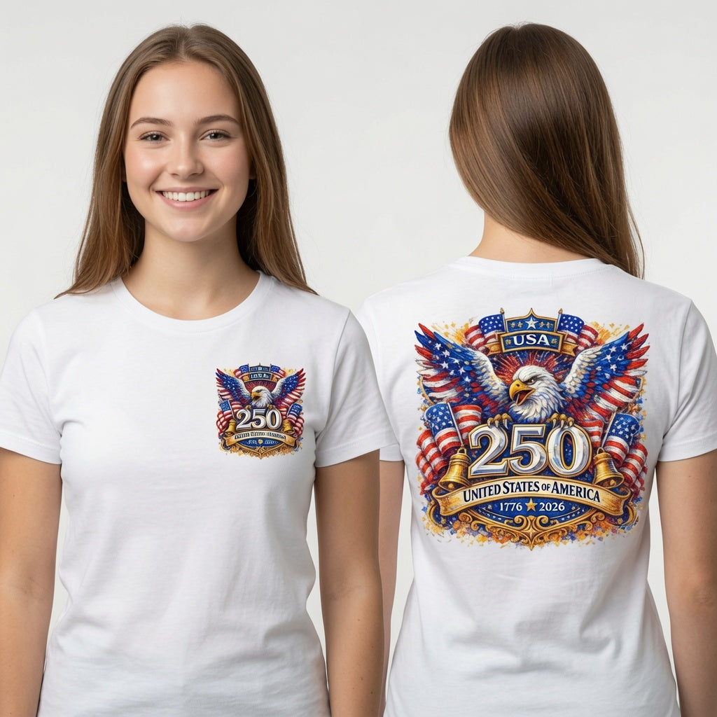 USA 250th Anniversary Patriotic Bald Eagle & Liberty Bell Graphic T-Shirt