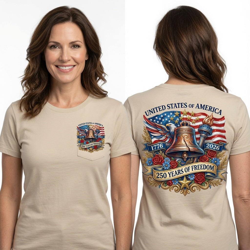 United States of America 250 Years of Freedom Graphic T-Shirt – Patriotic Semiquincentennial Liberty Bell Anniversary Shirt