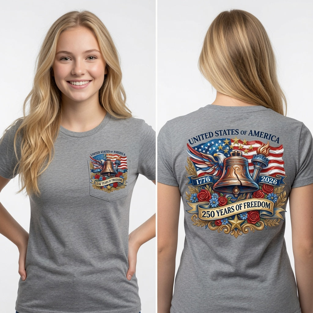 United States of America 250 Years of Freedom Graphic T-Shirt – Patriotic Semiquincentennial Liberty Bell Anniversary Shirt