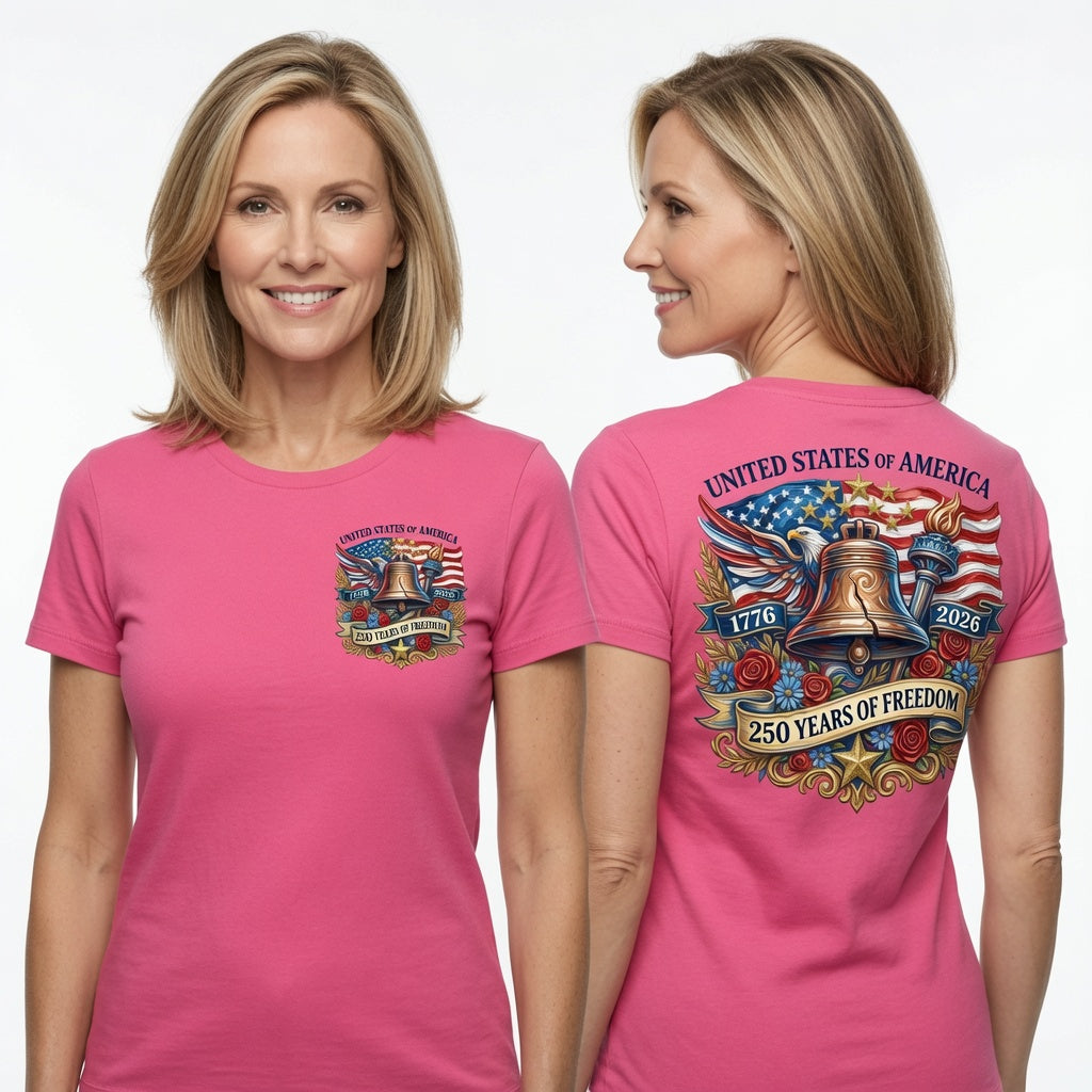 United States of America 250 Years of Freedom Graphic T-Shirt – Patriotic Semiquincentennial Liberty Bell Anniversary Shirt