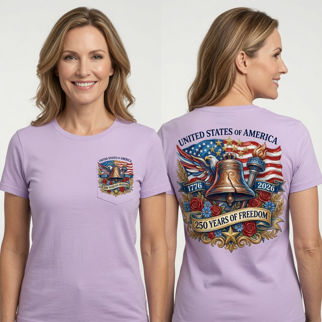 United States of America 250 Years of Freedom Graphic T-Shirt – Patriotic Semiquincentennial Liberty Bell Anniversary Shirt