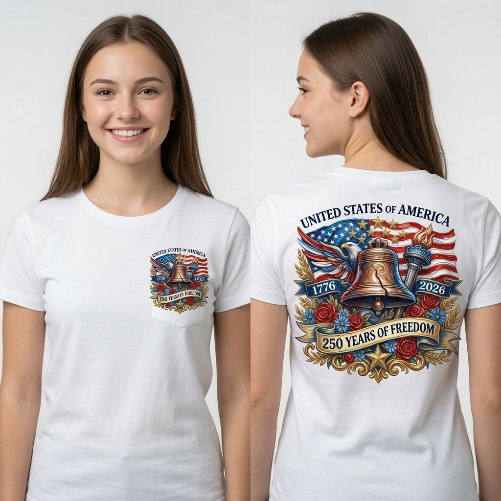 United States of America 250 Years of Freedom Graphic T-Shirt – Patriotic Semiquincentennial Liberty Bell Anniversary Shirt