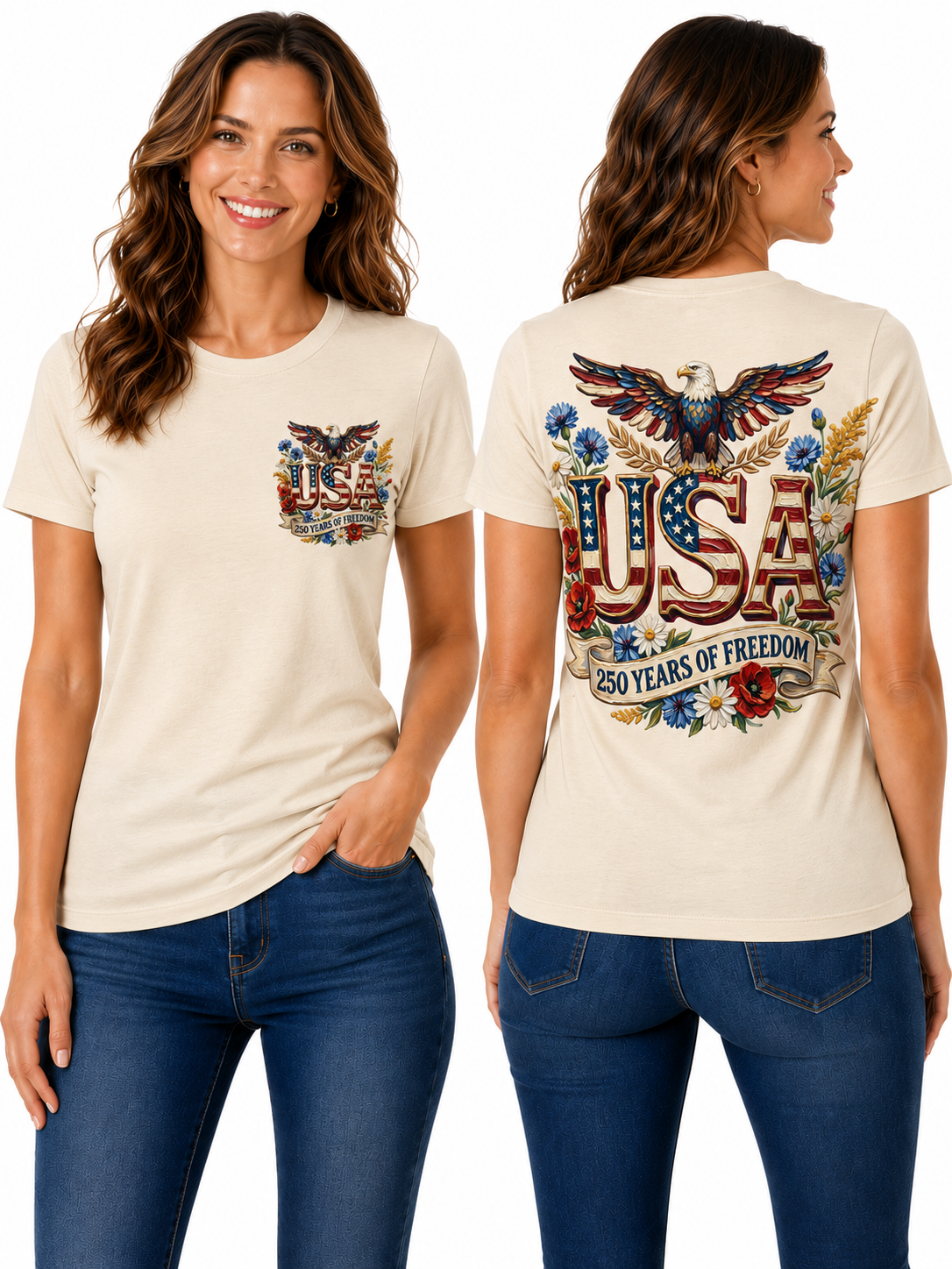 USA 250 Years of Freedom – Patriotic Floral Eagle T-Shirt Design