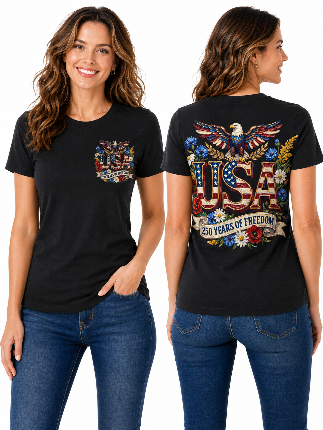 USA 250 Years of Freedom – Patriotic Floral Eagle T-Shirt Design