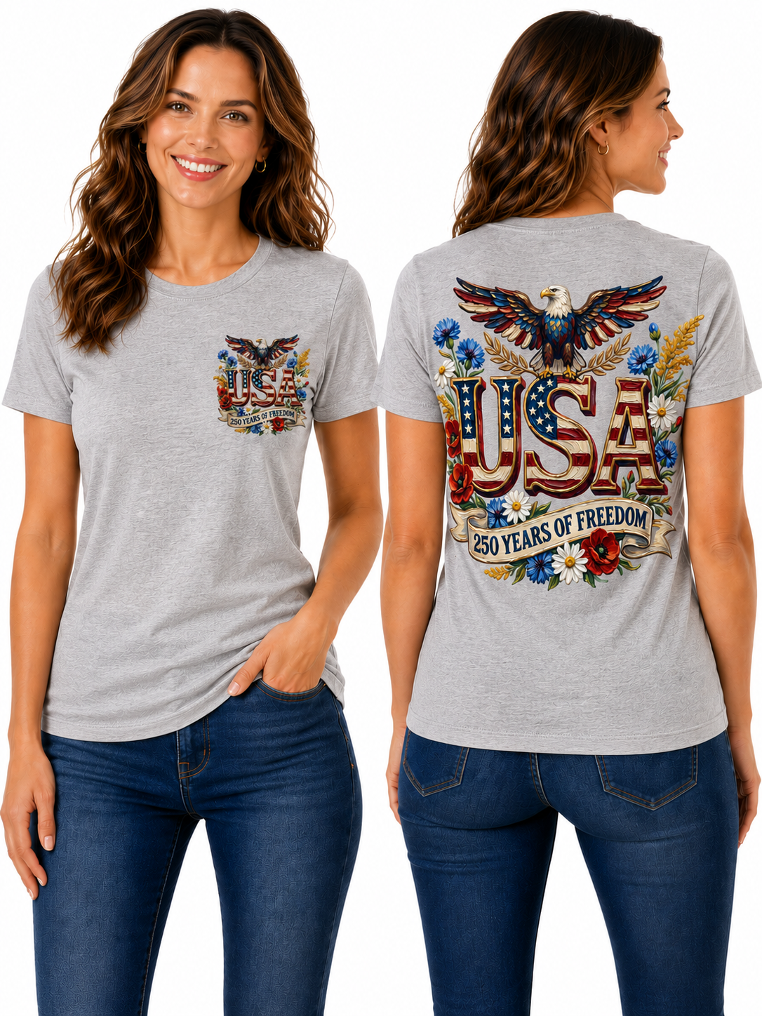 USA 250 Years of Freedom – Patriotic Floral Eagle T-Shirt Design