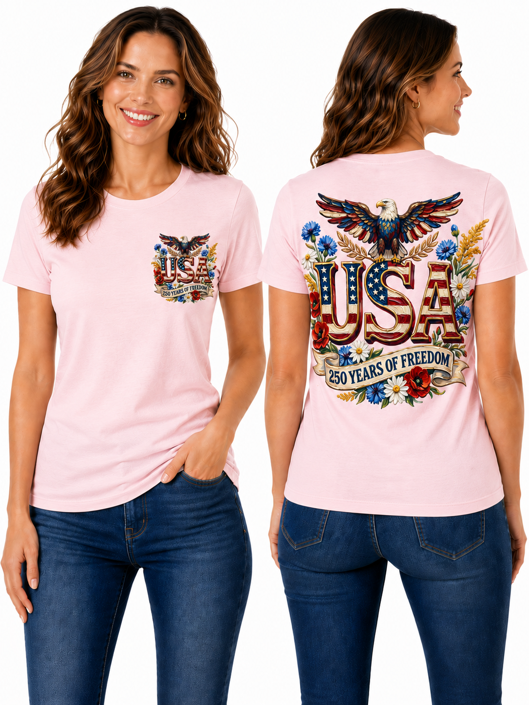 USA 250 Years of Freedom – Patriotic Floral Eagle T-Shirt Design