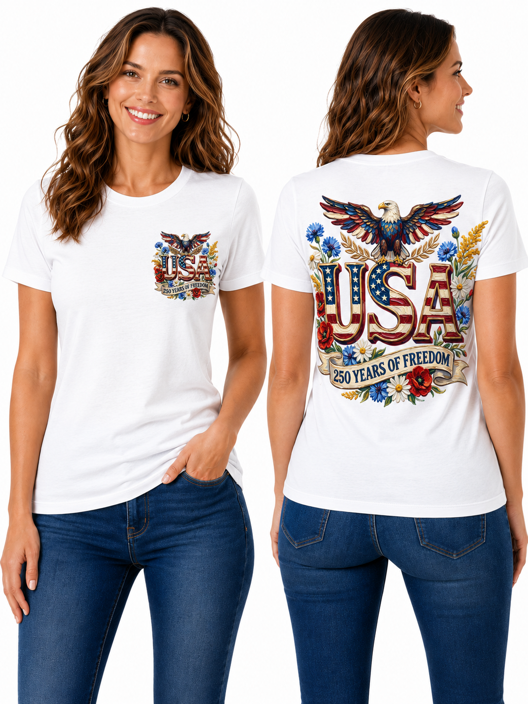 USA 250 Years of Freedom – Patriotic Floral Eagle T-Shirt Design