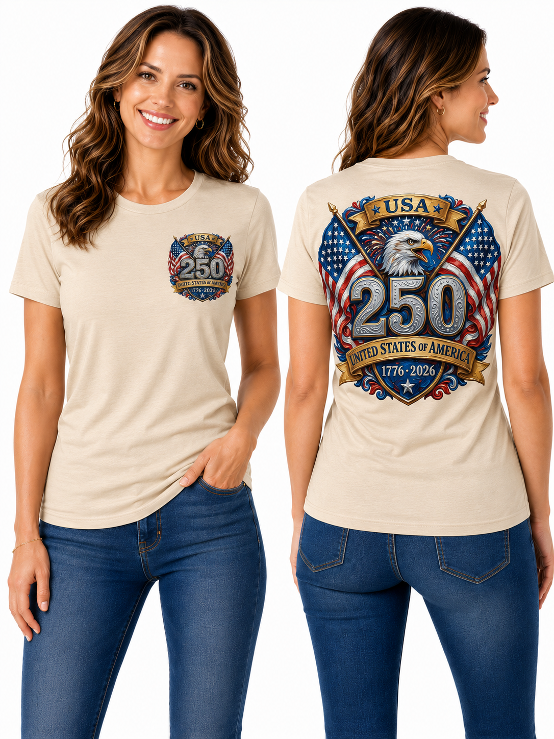 250th Anniversary Patriotic – Bald Eagle, American Flags & Freedom Shield Design T-Shirt