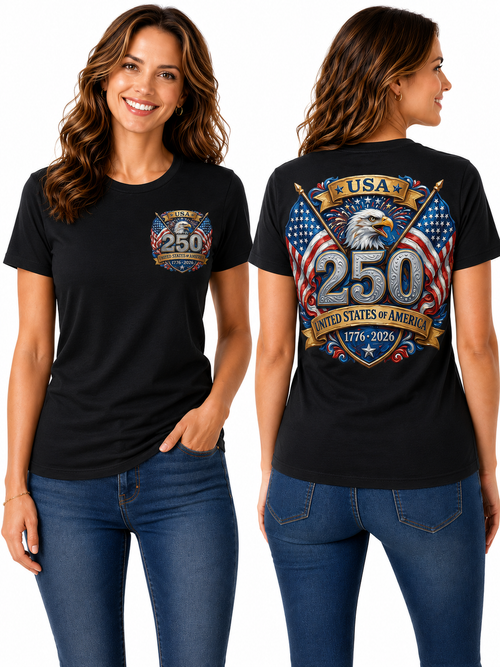 250th Anniversary Patriotic – Bald Eagle, American Flags & Freedom Shield Design T-Shirt