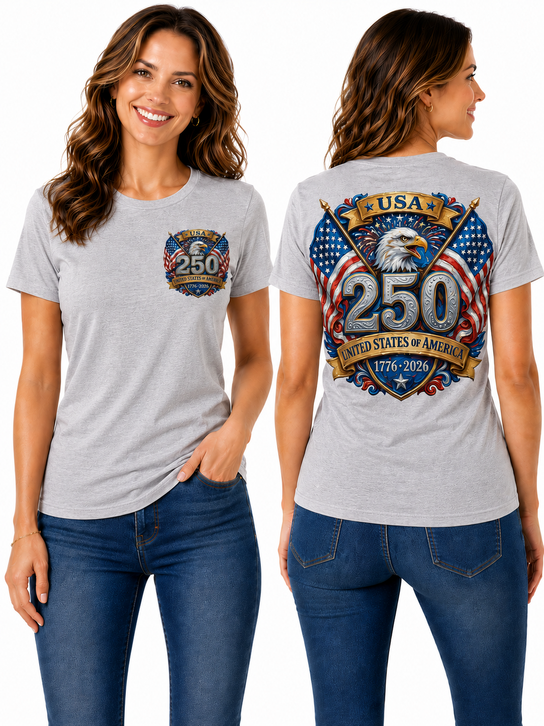 250th Anniversary Patriotic – Bald Eagle, American Flags & Freedom Shield Design T-Shirt