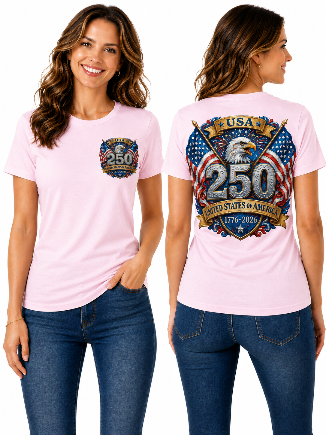 250th Anniversary Patriotic – Bald Eagle, American Flags & Freedom Shield Design T-Shirt