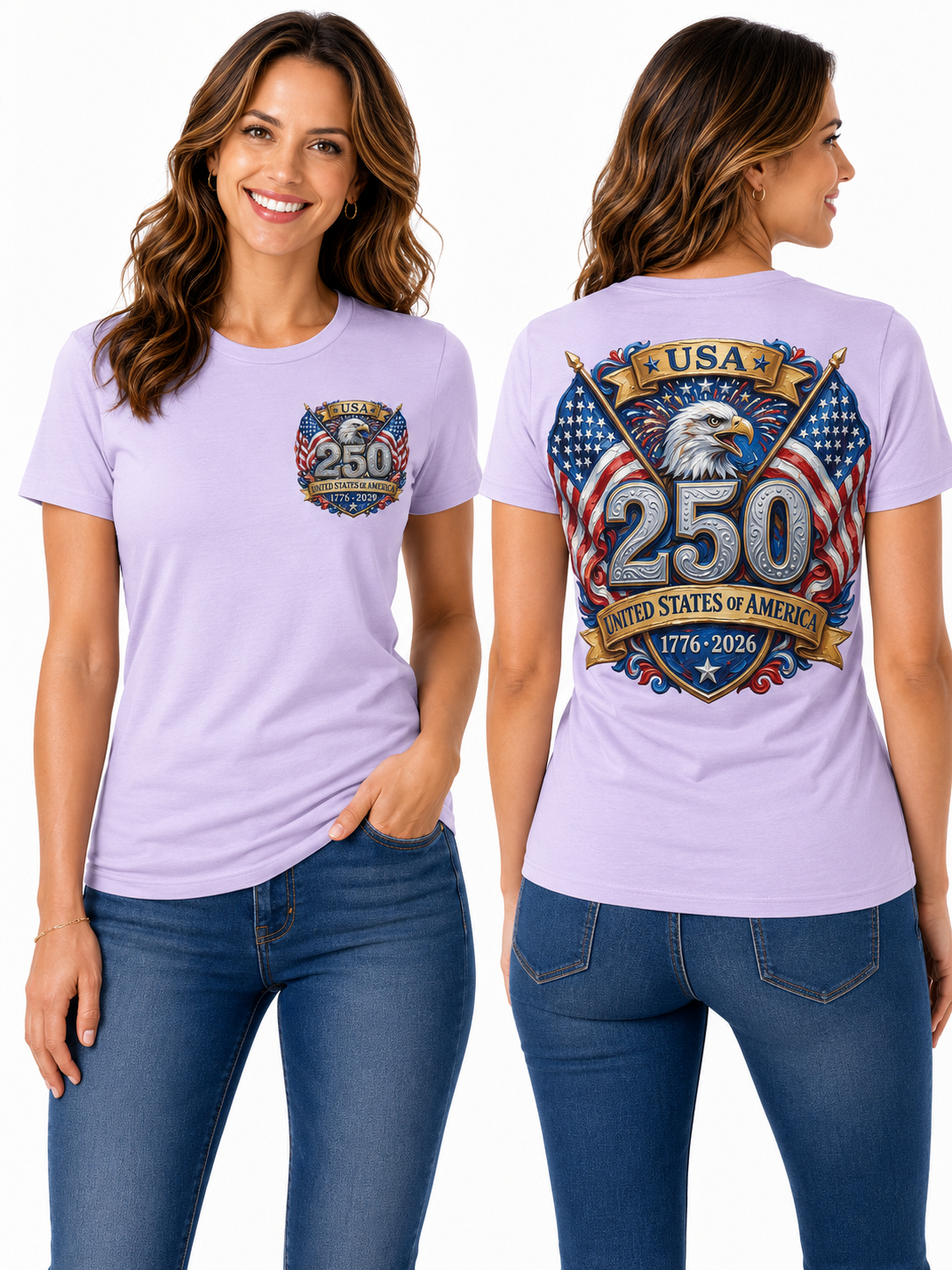 250th Anniversary Patriotic – Bald Eagle, American Flags & Freedom Shield Design T-Shirt