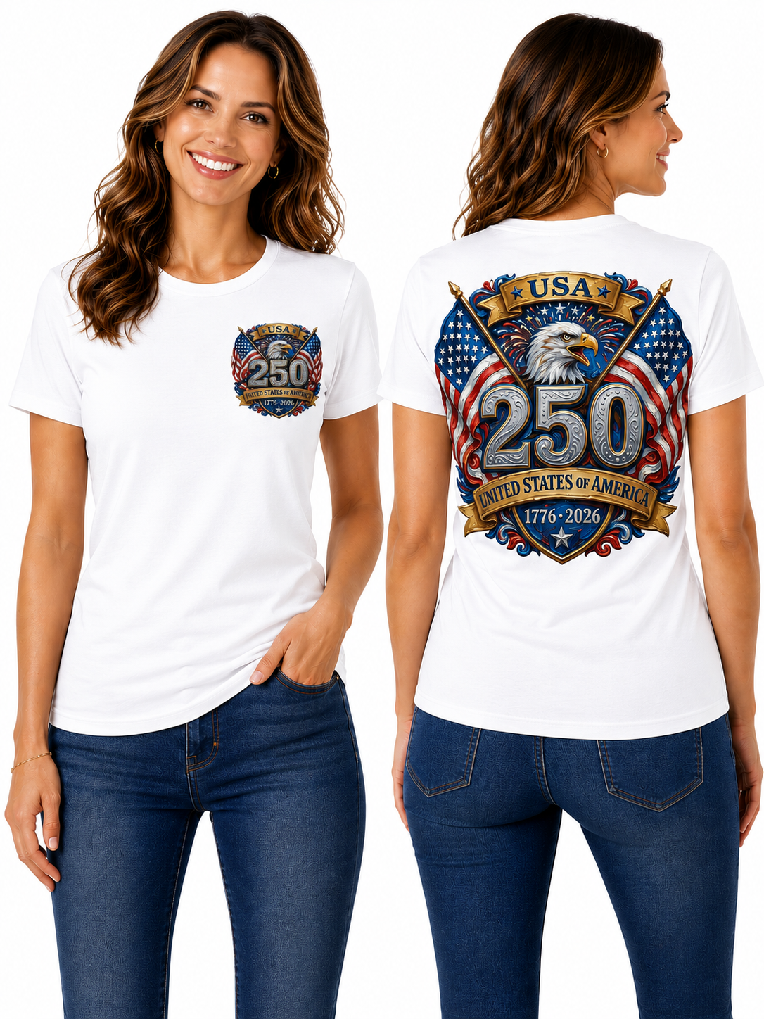 250th Anniversary Patriotic – Bald Eagle, American Flags & Freedom Shield Design T-Shirt
