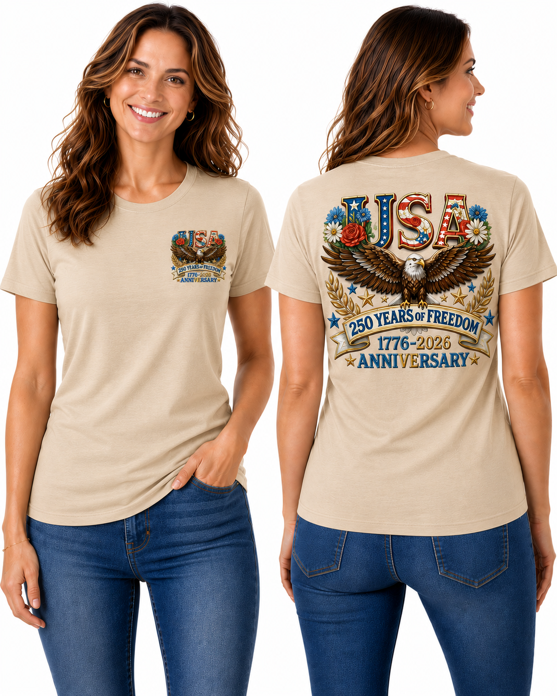 250 Years of Freedom Patriotic – Bald Eagle & Floral Americana T-Shirt Design
