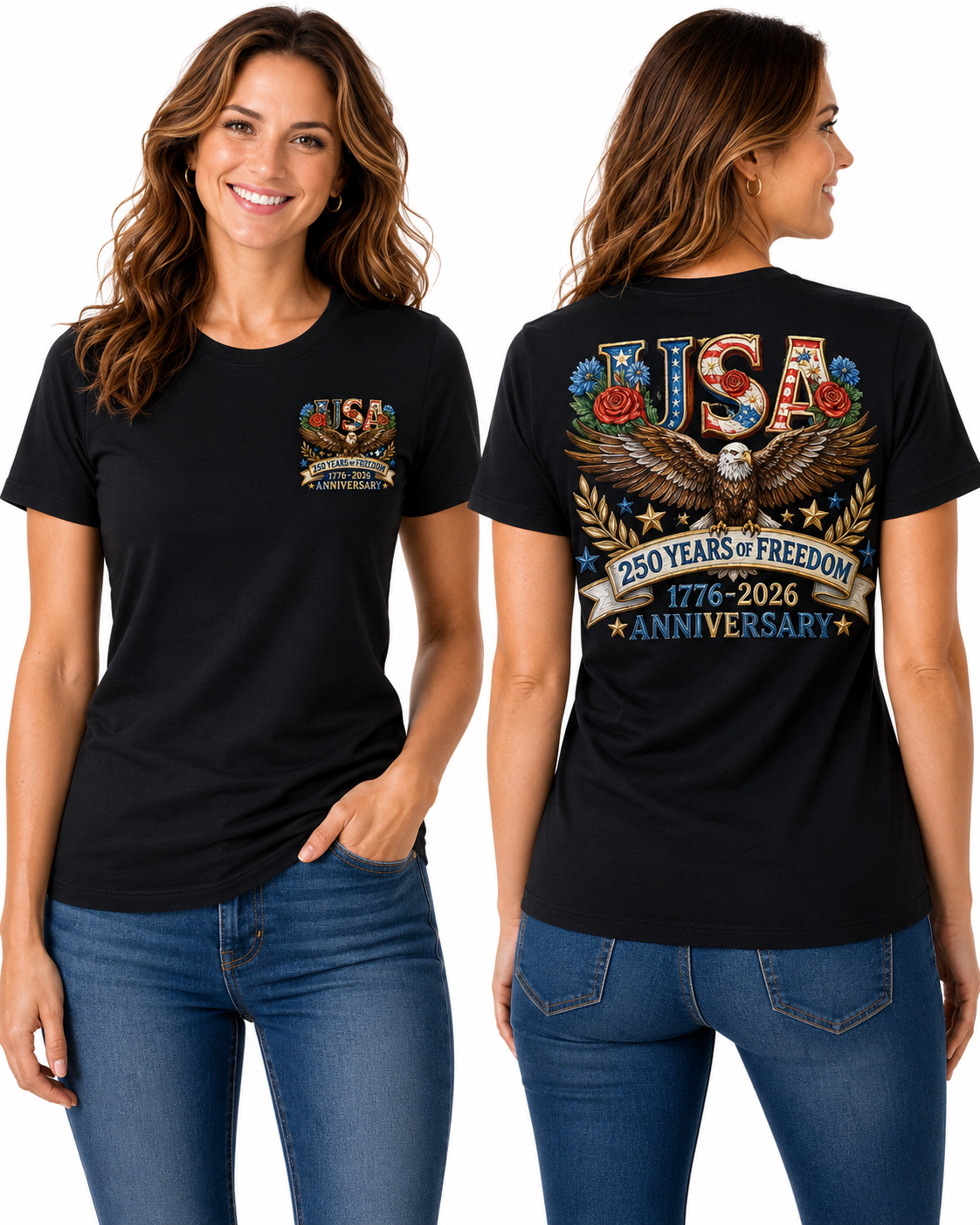 250 Years of Freedom Patriotic – Bald Eagle & Floral Americana T-Shirt Design