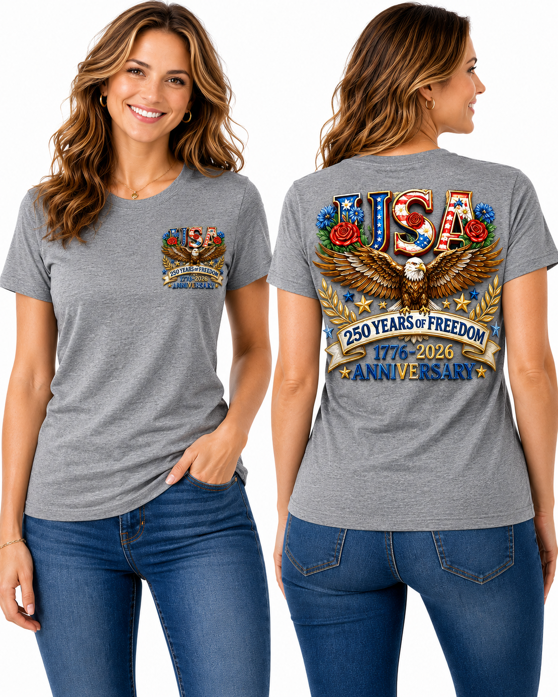 250 Years of Freedom Patriotic – Bald Eagle & Floral Americana T-Shirt Design