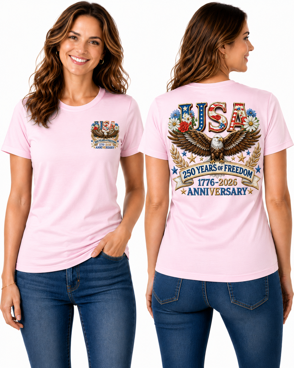 250 Years of Freedom Patriotic – Bald Eagle & Floral Americana T-Shirt Design