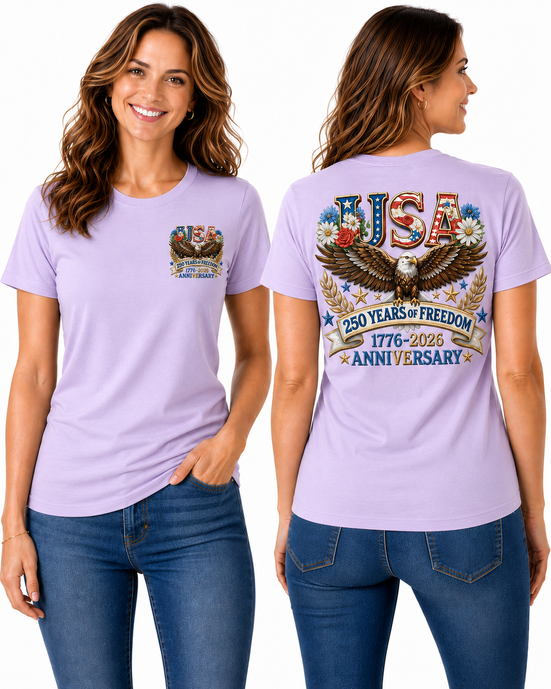 250 Years of Freedom Patriotic – Bald Eagle & Floral Americana T-Shirt Design