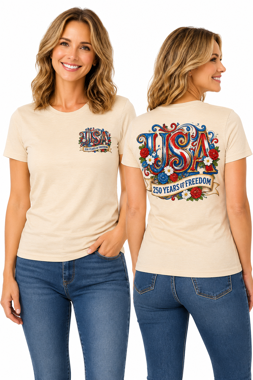 USA 250 Years of Freedom Patriotic Floral American Flag Design T-Shirt
