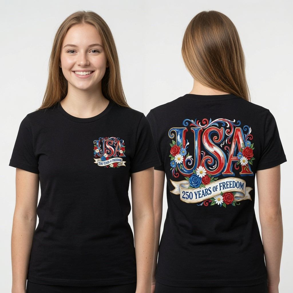 USA 250 Years of Freedom Patriotic Floral American Flag Design T-Shirt