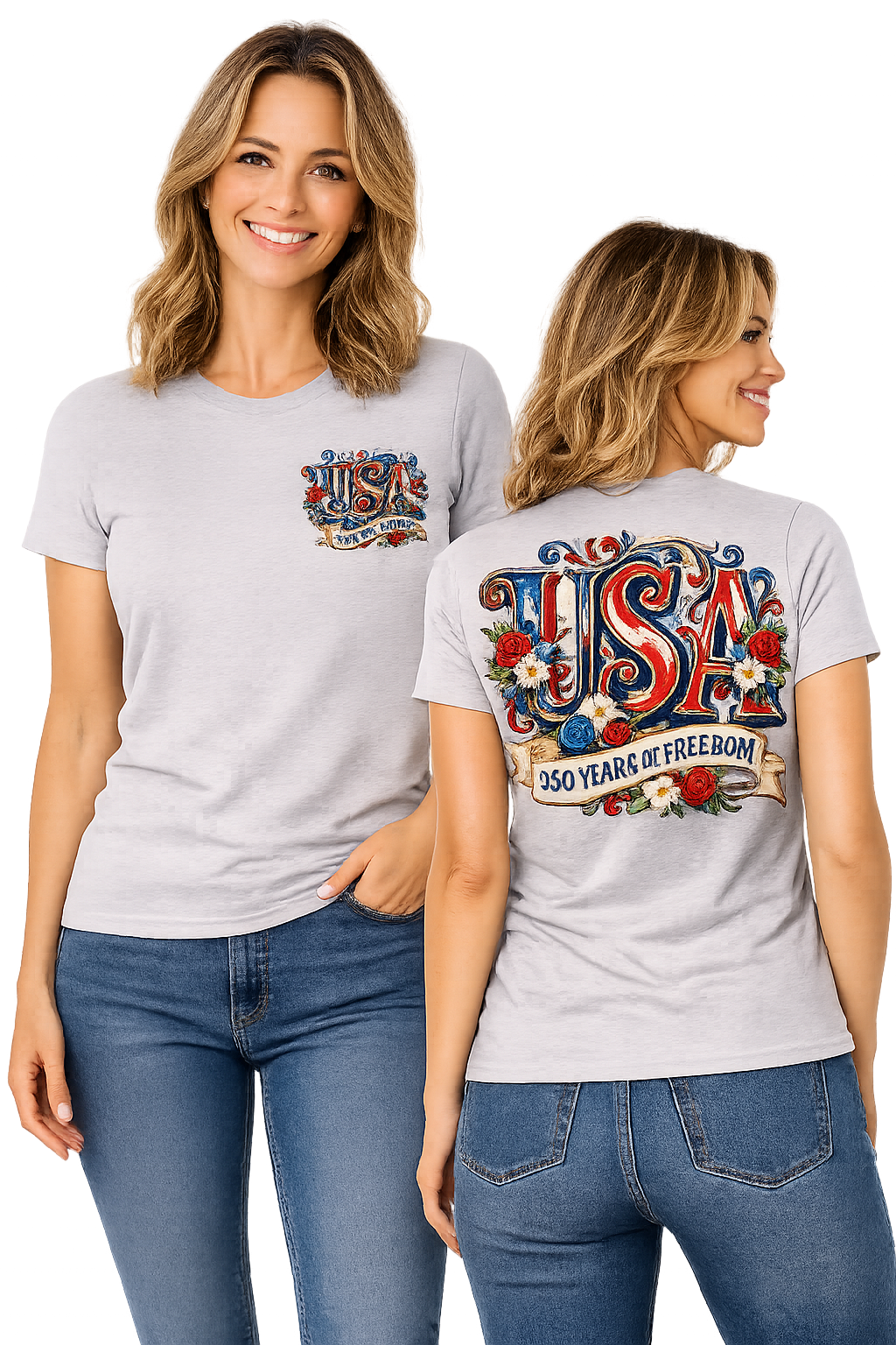 USA 250 Years of Freedom Patriotic Floral American Flag Design T-Shirt