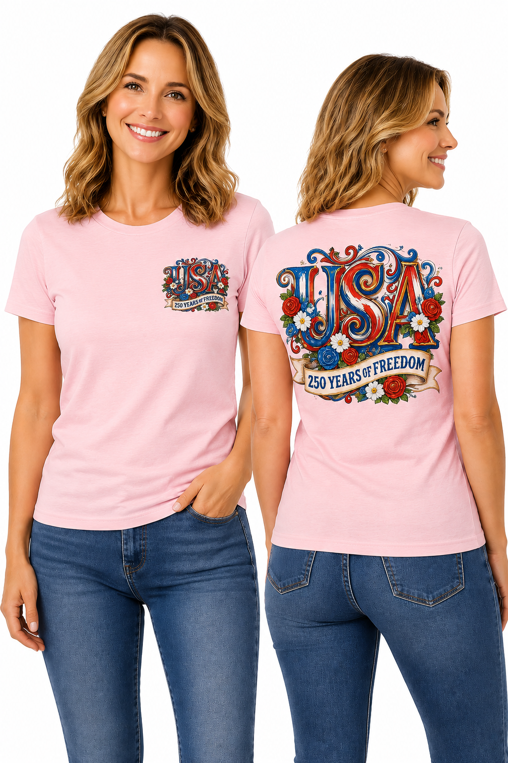 USA 250 Years of Freedom Patriotic Floral American Flag Design T-Shirt