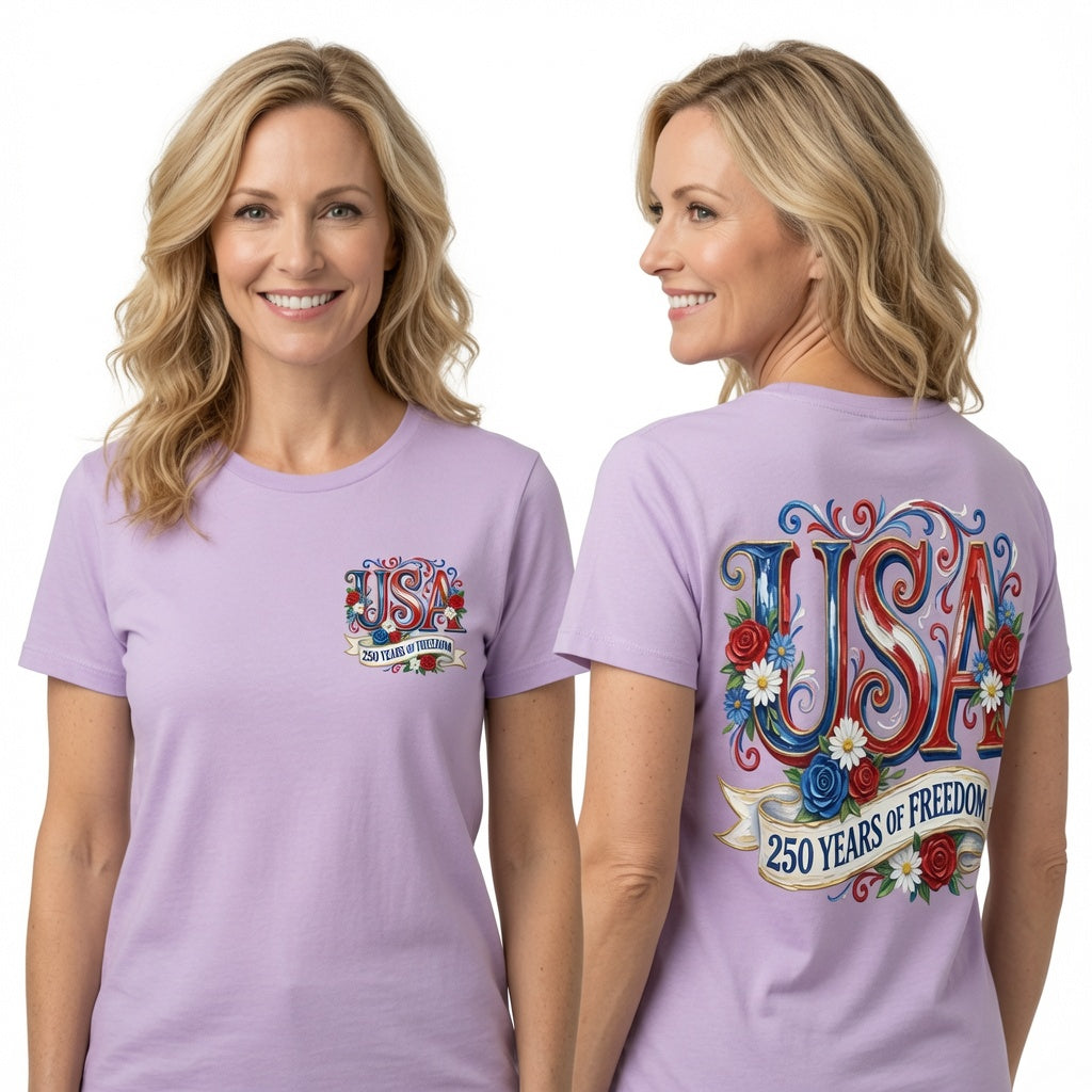 USA 250 Years of Freedom Patriotic Floral American Flag Design T-Shirt