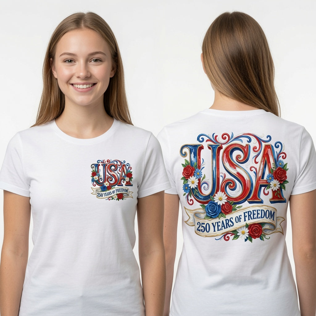 USA 250 Years of Freedom Patriotic Floral American Flag Design T-Shirt