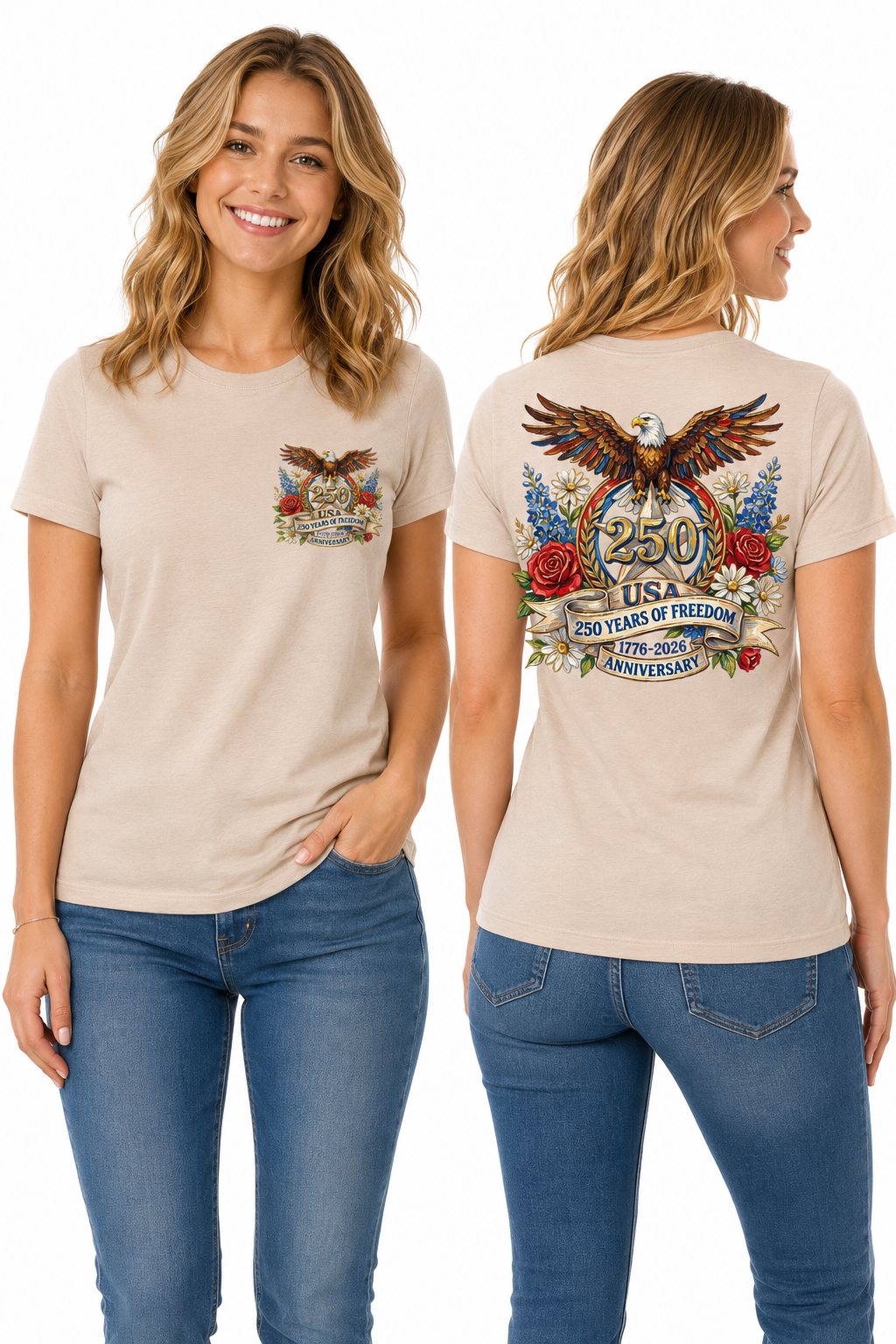 250 Years of Freedom – Patriotic Eagle & Floral Americana T-Shirt Design