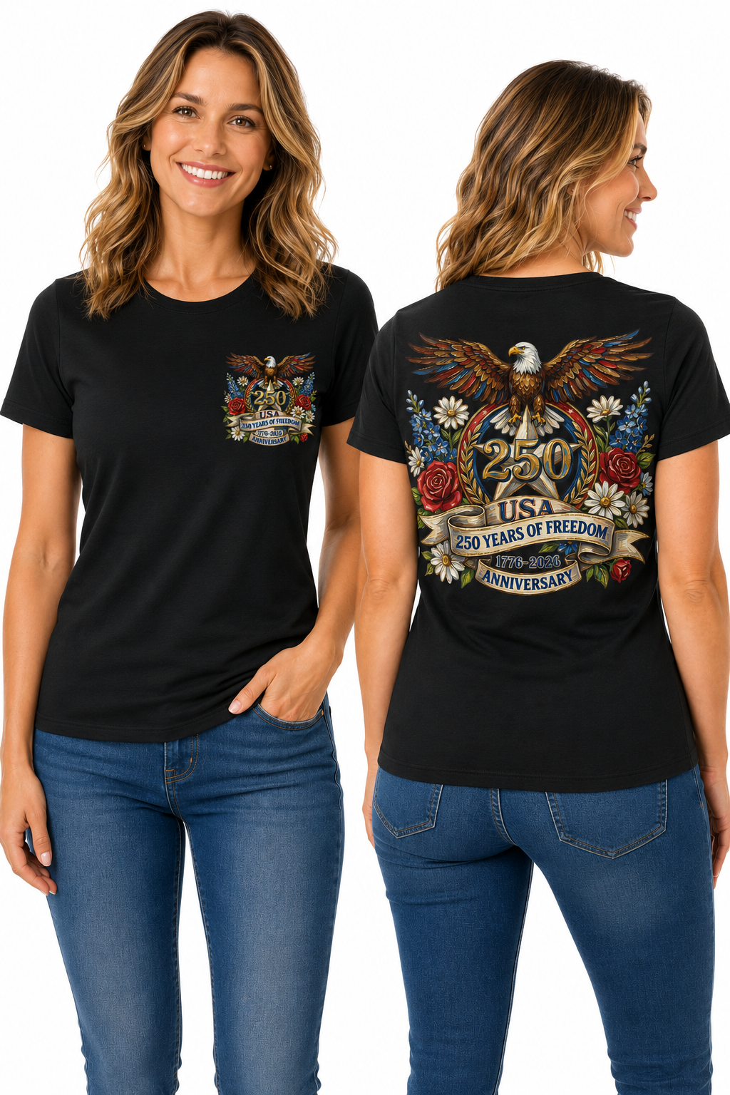 250 Years of Freedom – Patriotic Eagle & Floral Americana T-Shirt Design