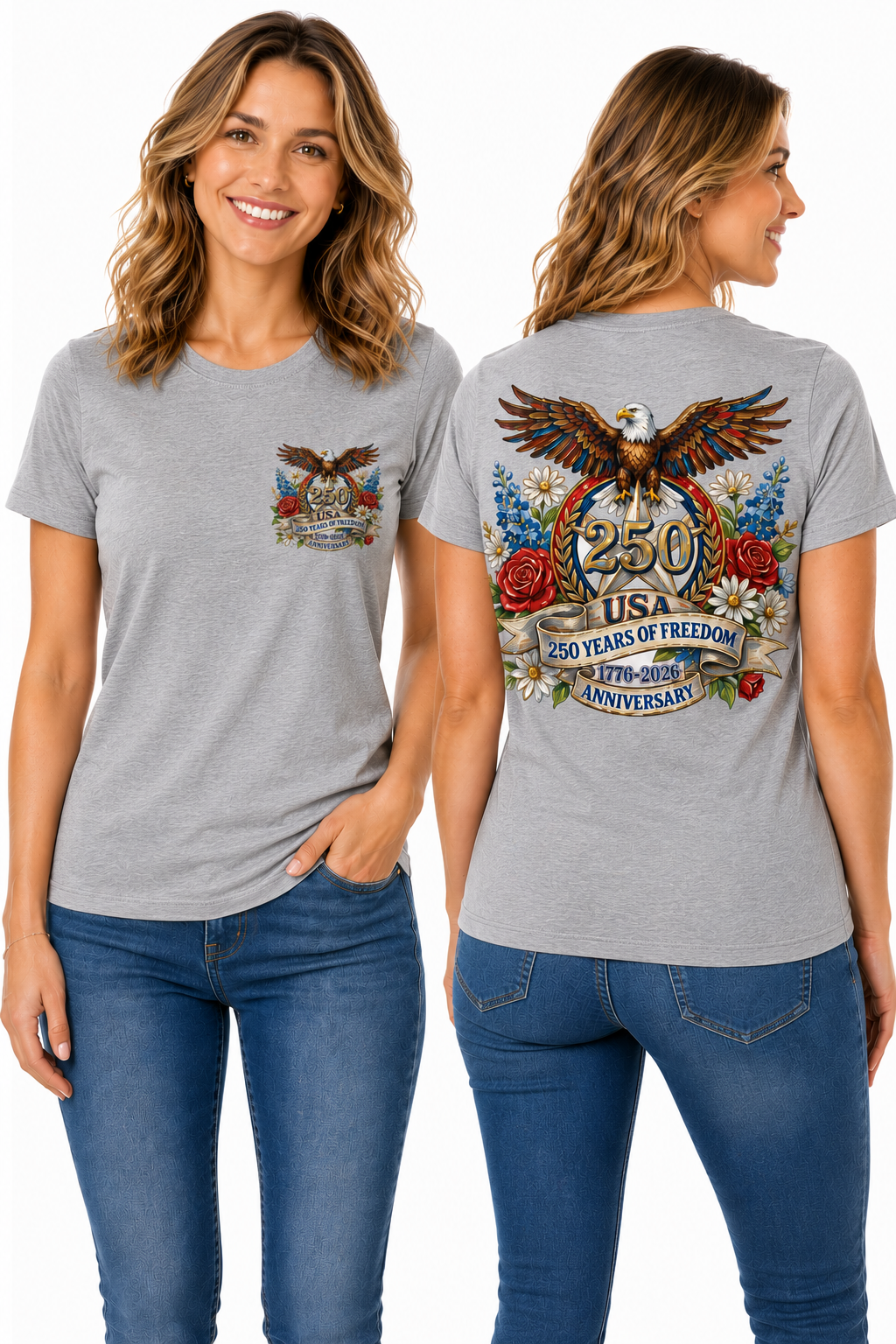 250 Years of Freedom – Patriotic Eagle & Floral Americana T-Shirt Design