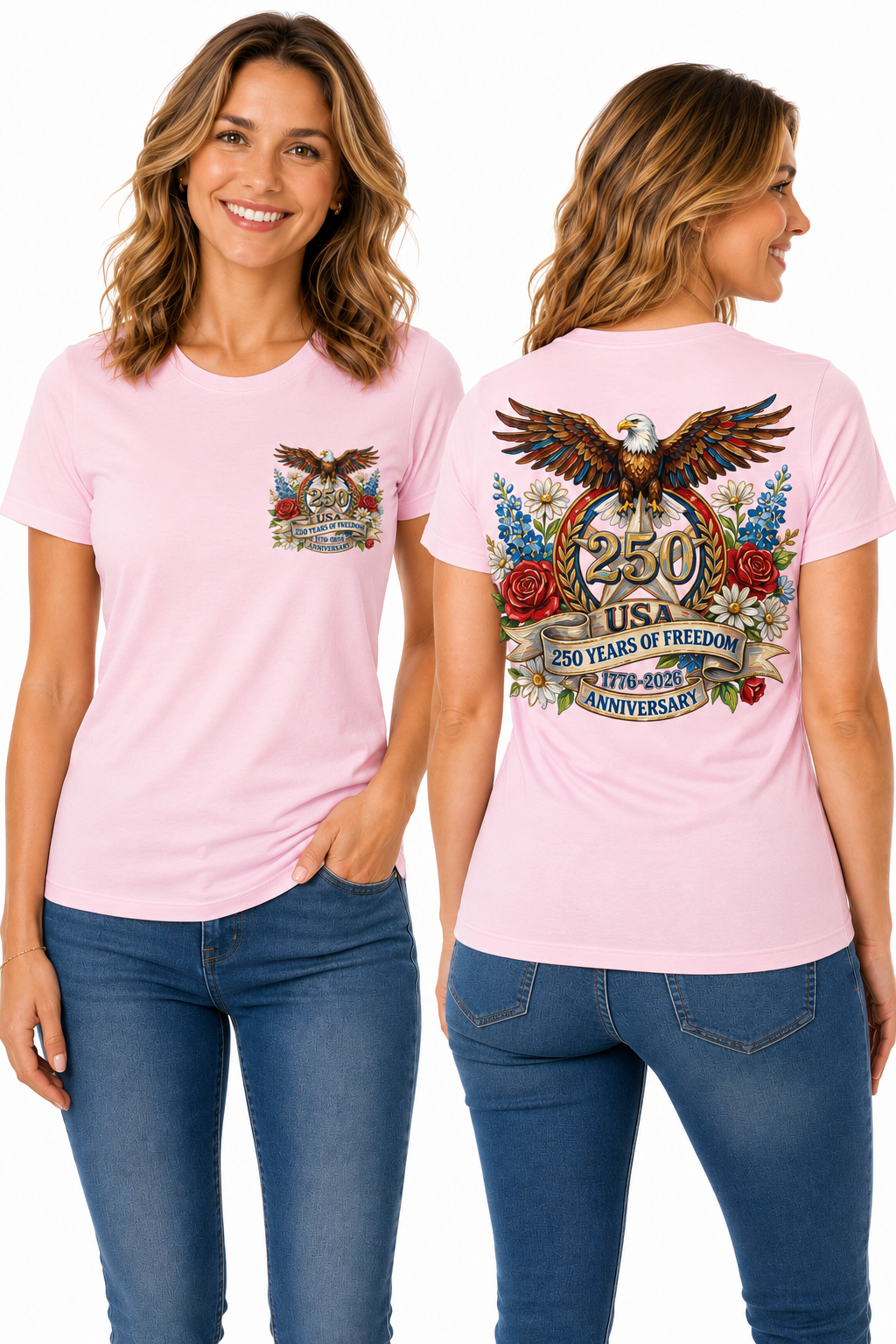 250 Years of Freedom – Patriotic Eagle & Floral Americana T-Shirt Design