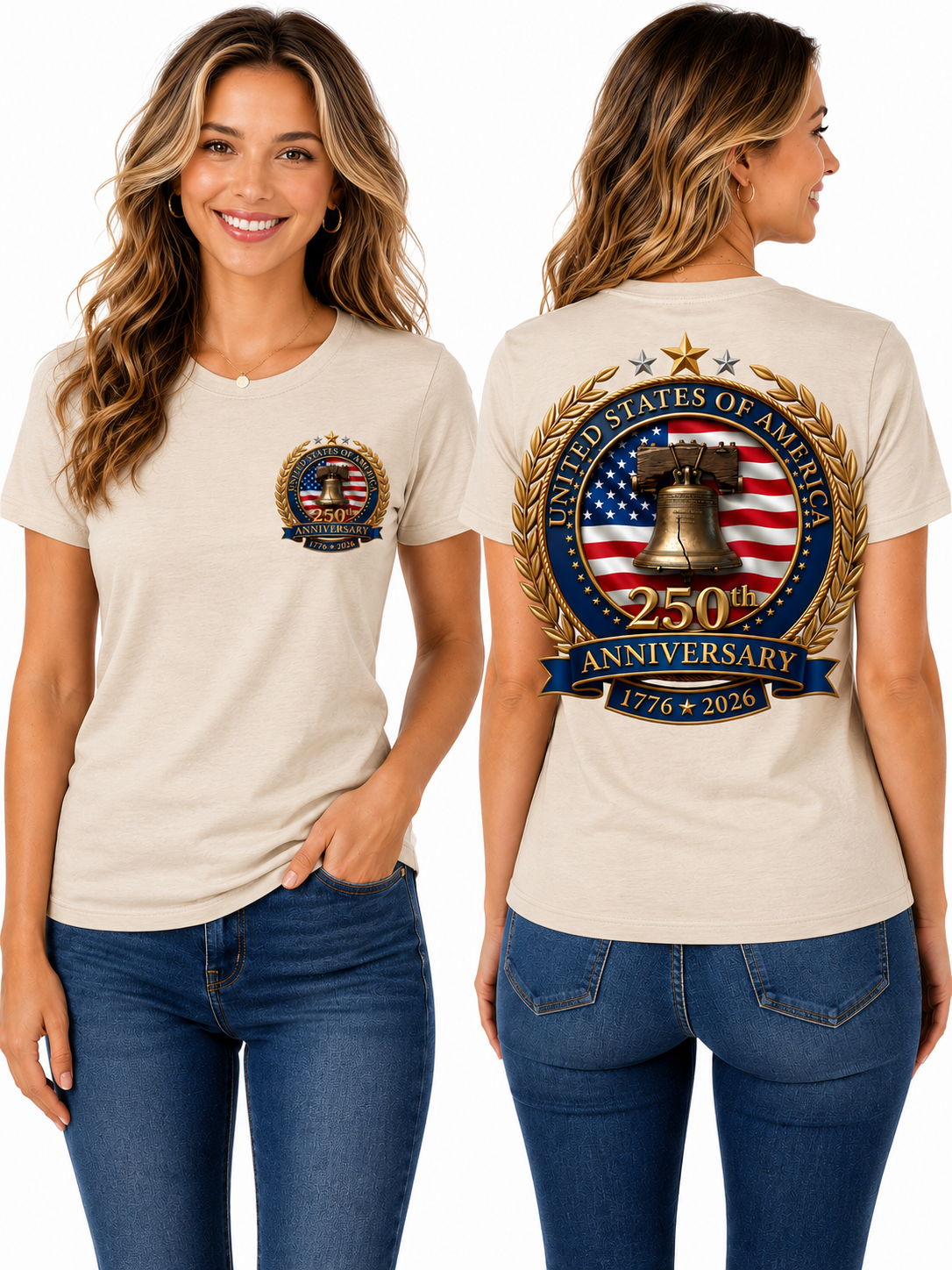 250th Anniversary – Liberty Bell & American Flag Graphic Design T-Shirt