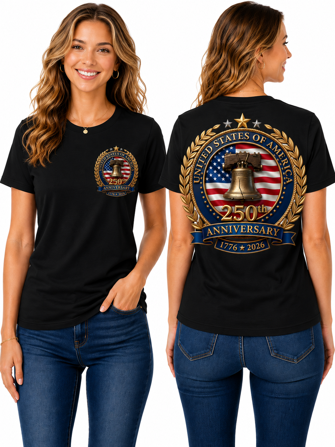 250th Anniversary – Liberty Bell & American Flag Graphic Design T-Shirt