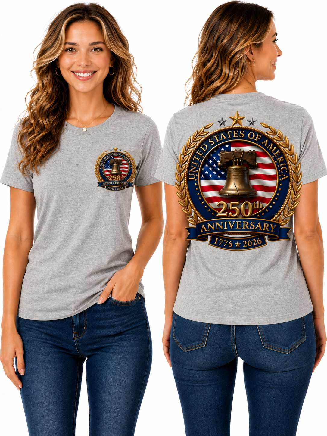 250th Anniversary – Liberty Bell & American Flag Graphic Design T-Shirt