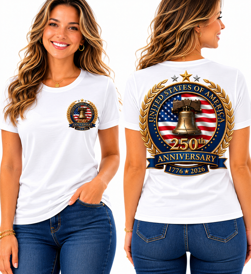 250th Anniversary – Liberty Bell & American Flag Graphic Design T-Shirt