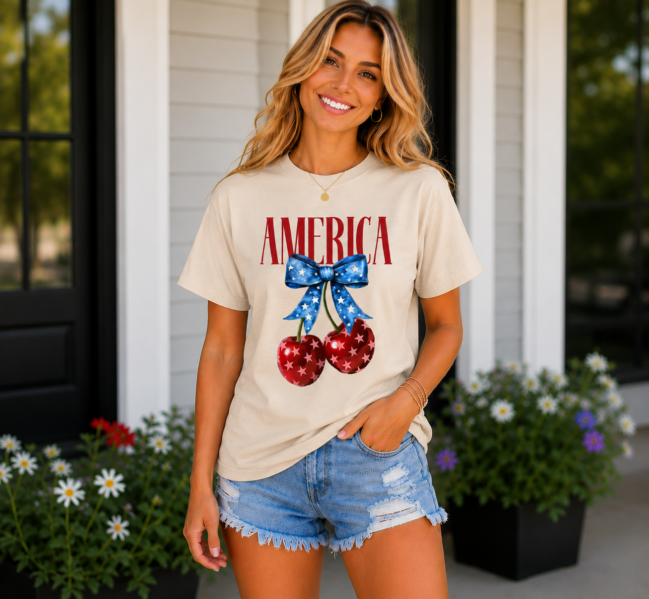 America Patriotic Cherry Bow T-Shirt