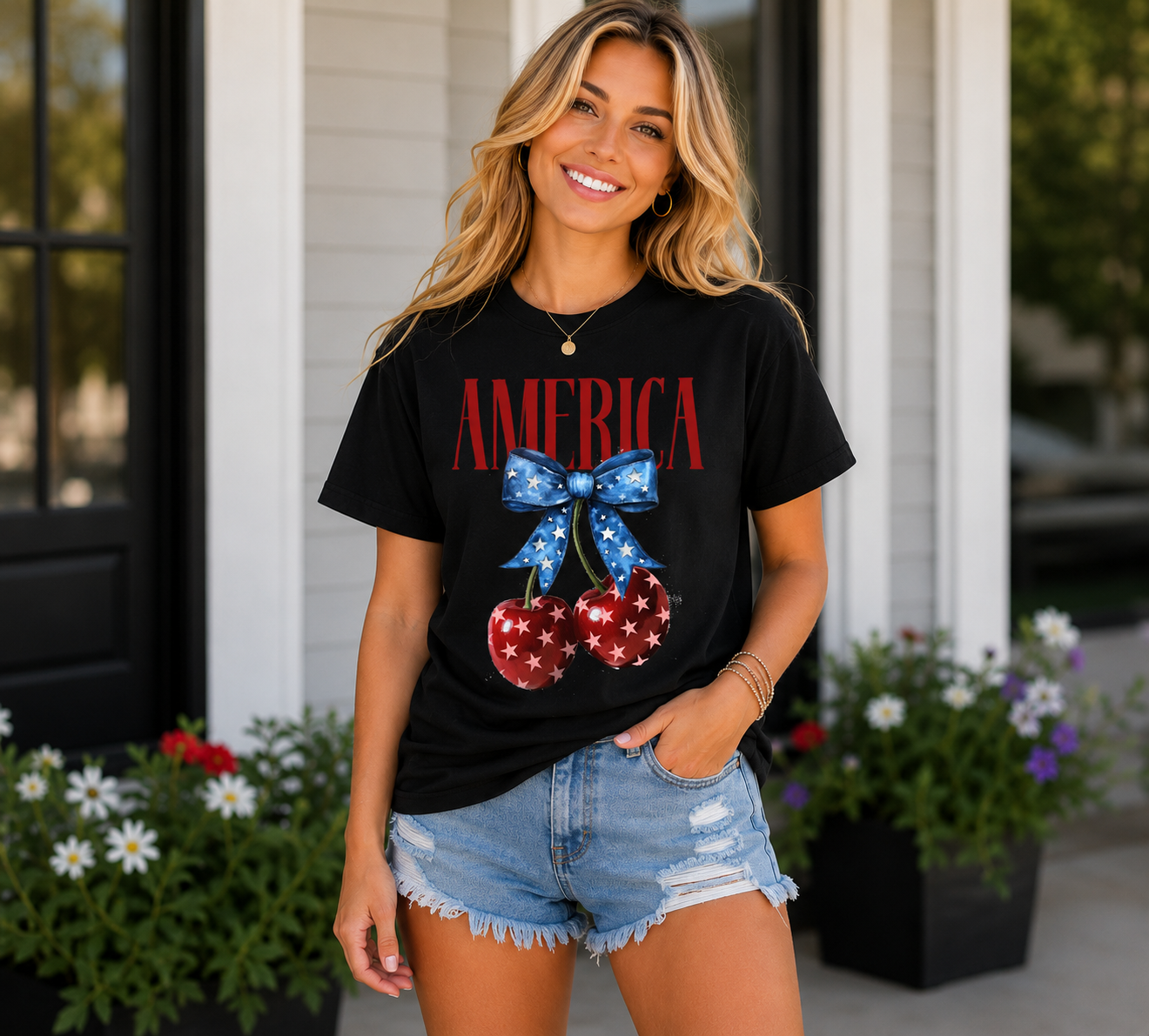 America Patriotic Cherry Bow T-Shirt