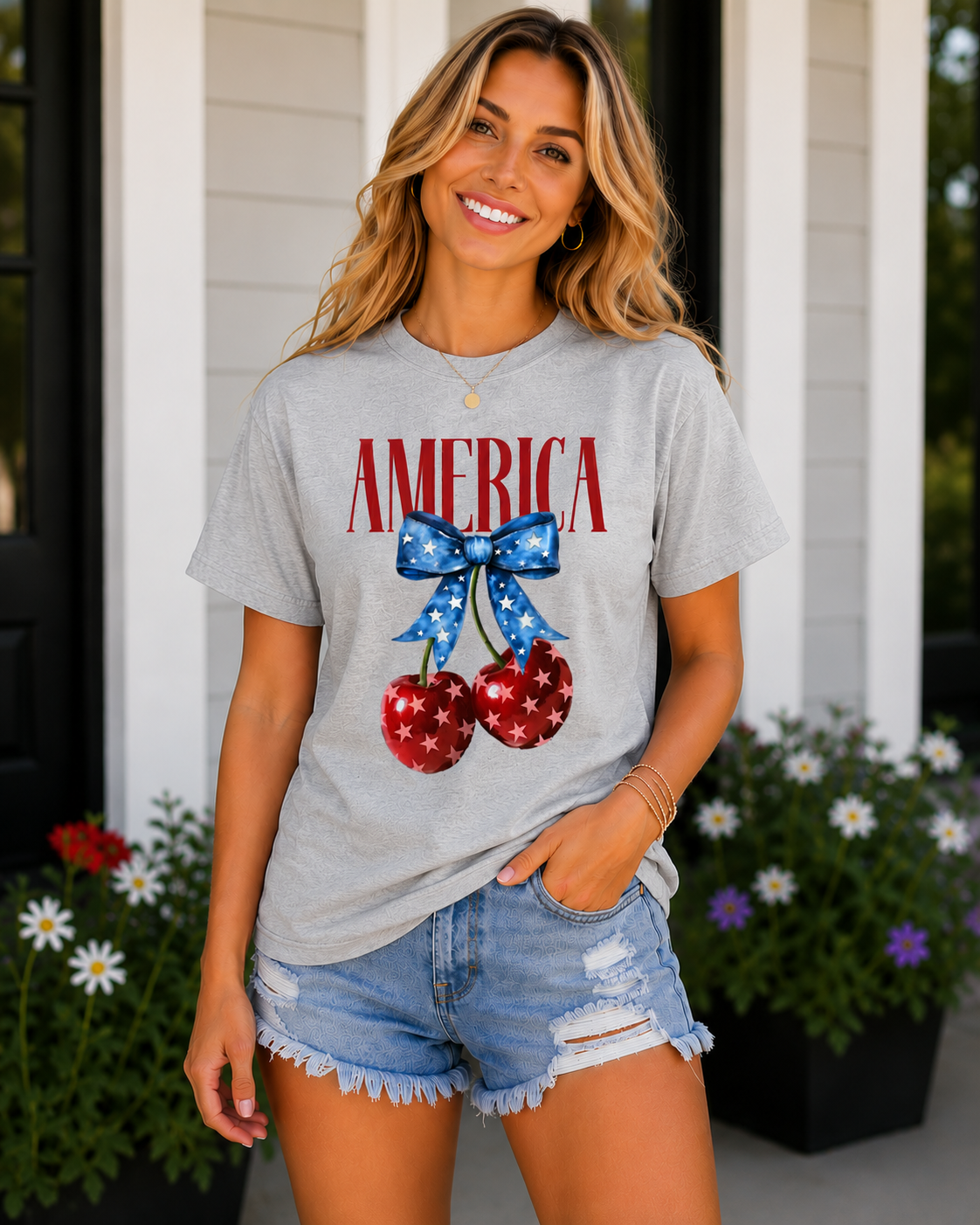 America Patriotic Cherry Bow T-Shirt
