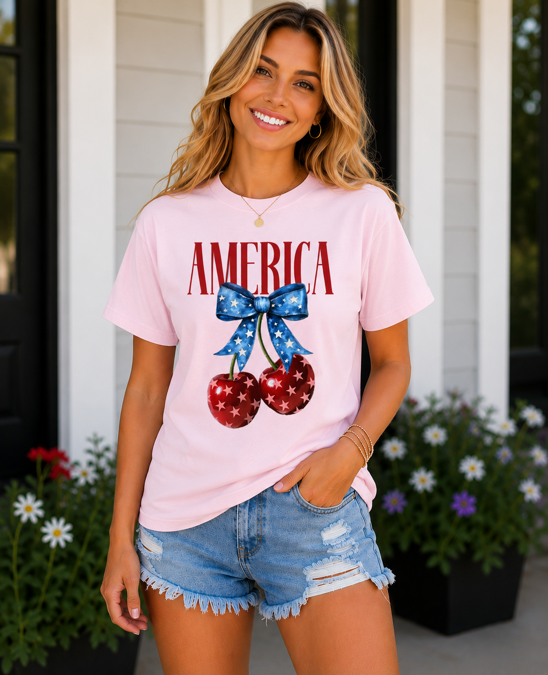 America Patriotic Cherry Bow T-Shirt