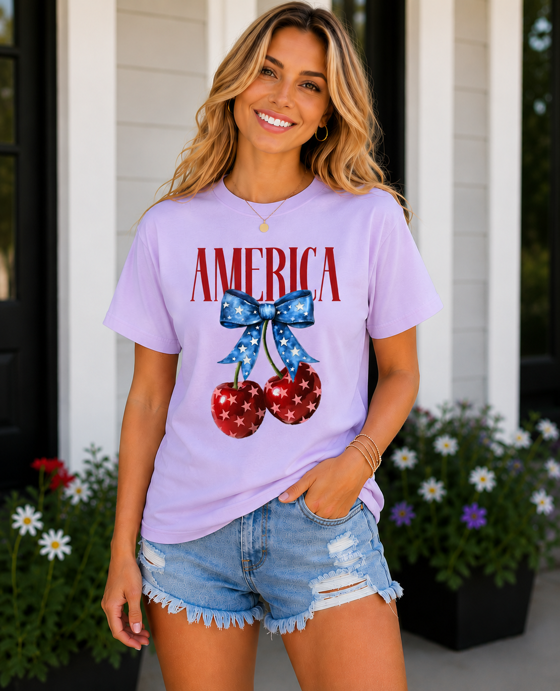 America Patriotic Cherry Bow T-Shirt