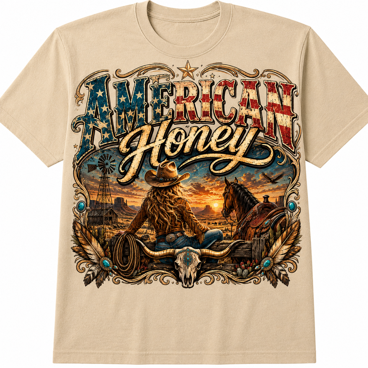 American Honey Western Graphic - Vintage Patriotic Cowgirl T-Shirt