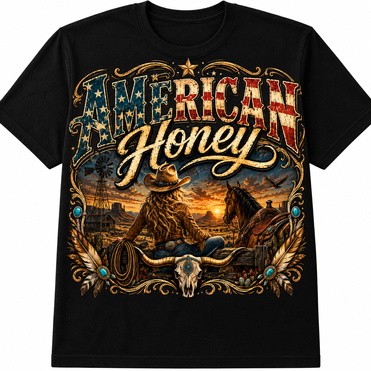 American Honey Western Graphic - Vintage Patriotic Cowgirl T-Shirt