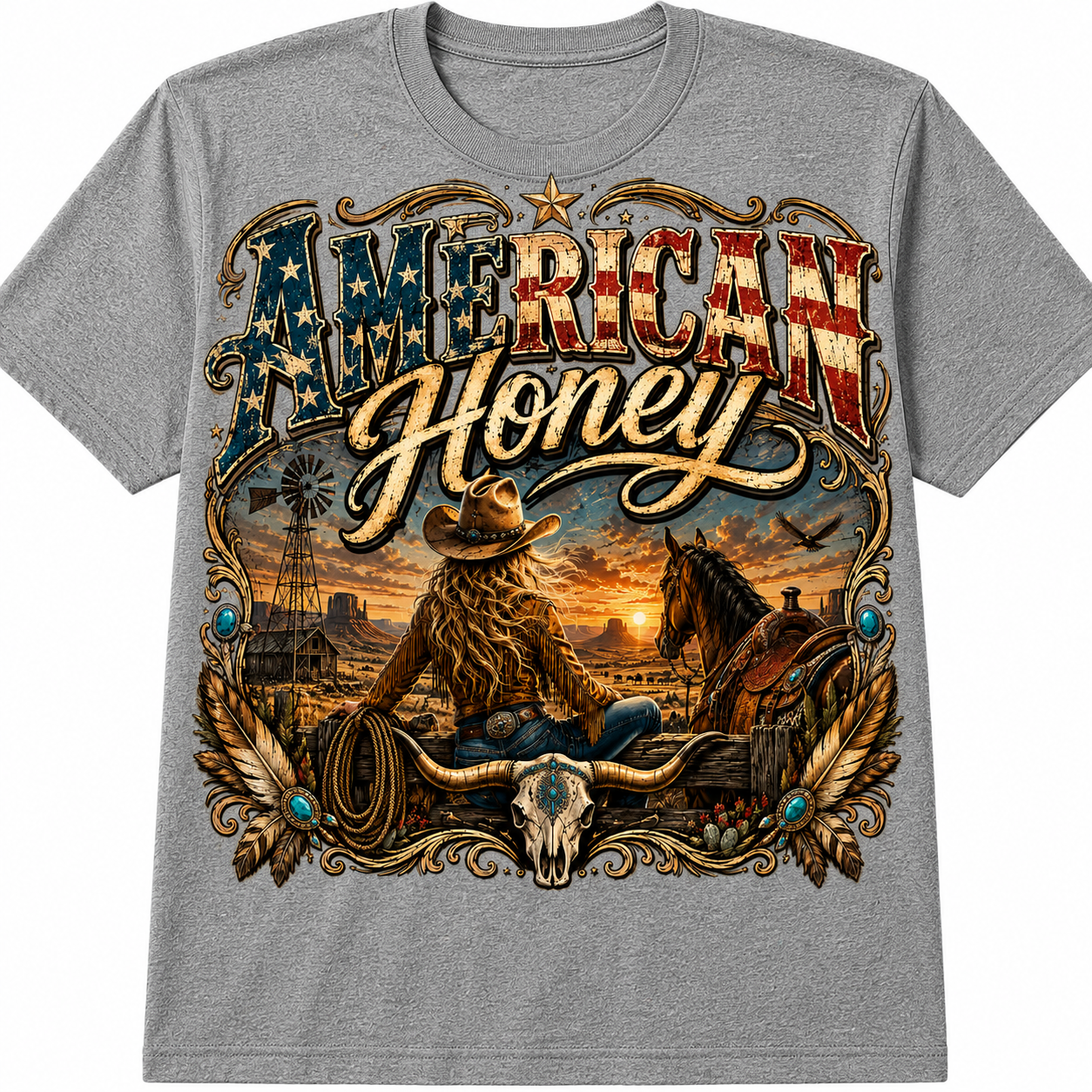 American Honey Western Graphic - Vintage Patriotic Cowgirl T-Shirt