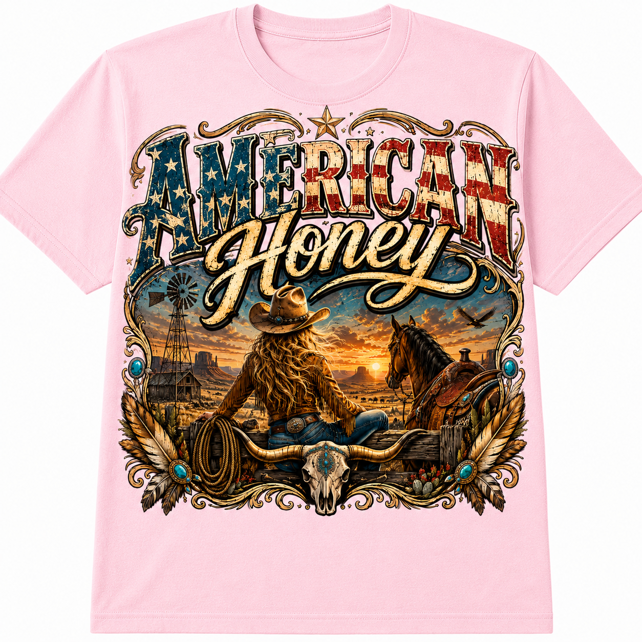 American Honey Western Graphic - Vintage Patriotic Cowgirl T-Shirt