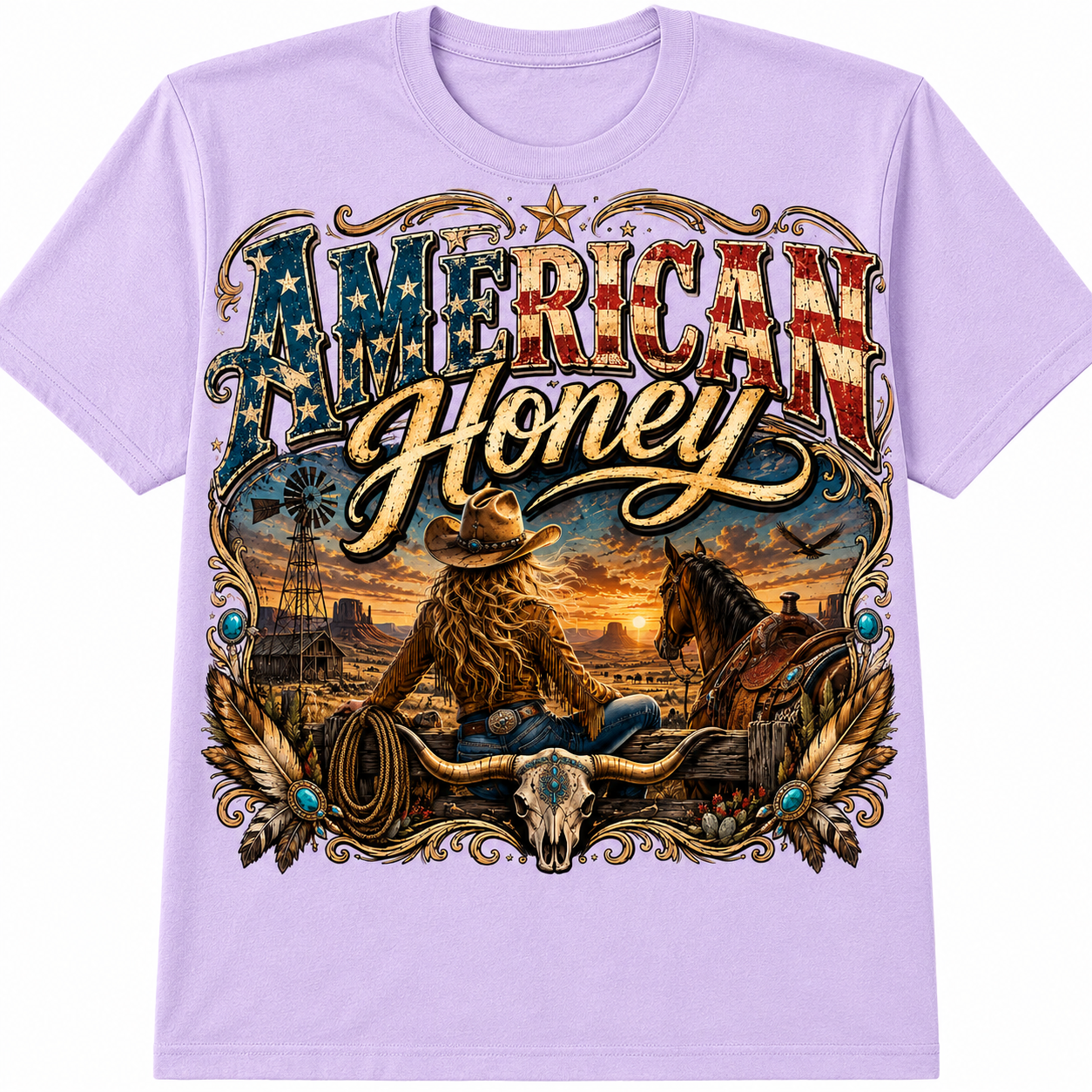 American Honey Western Graphic - Vintage Patriotic Cowgirl T-Shirt