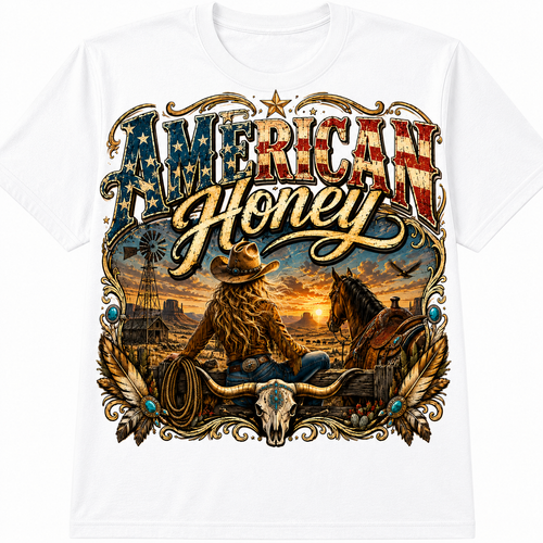 American Honey Western Graphic - Vintage Patriotic Cowgirl T-Shirt