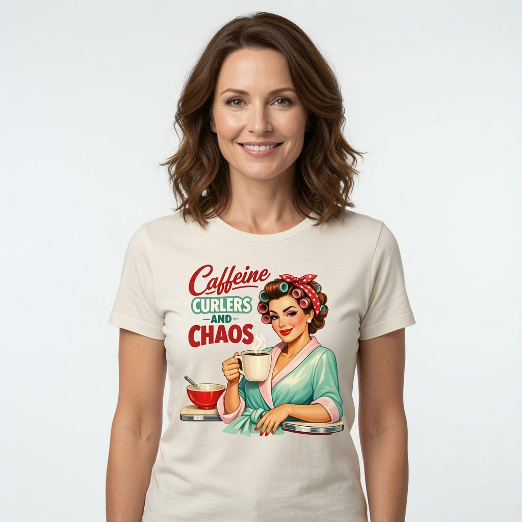 Caffeine, Curlers and Chaos T-Shirt | Funny Retro Housewife Coffee Shirt