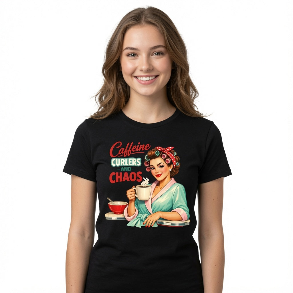 Caffeine, Curlers and Chaos T-Shirt | Funny Retro Housewife Coffee Shirt
