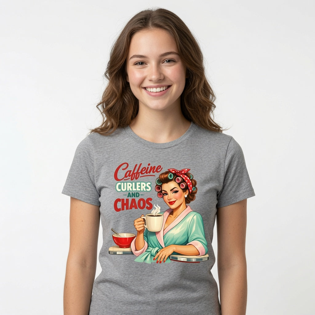 Caffeine, Curlers and Chaos T-Shirt | Funny Retro Housewife Coffee Shirt